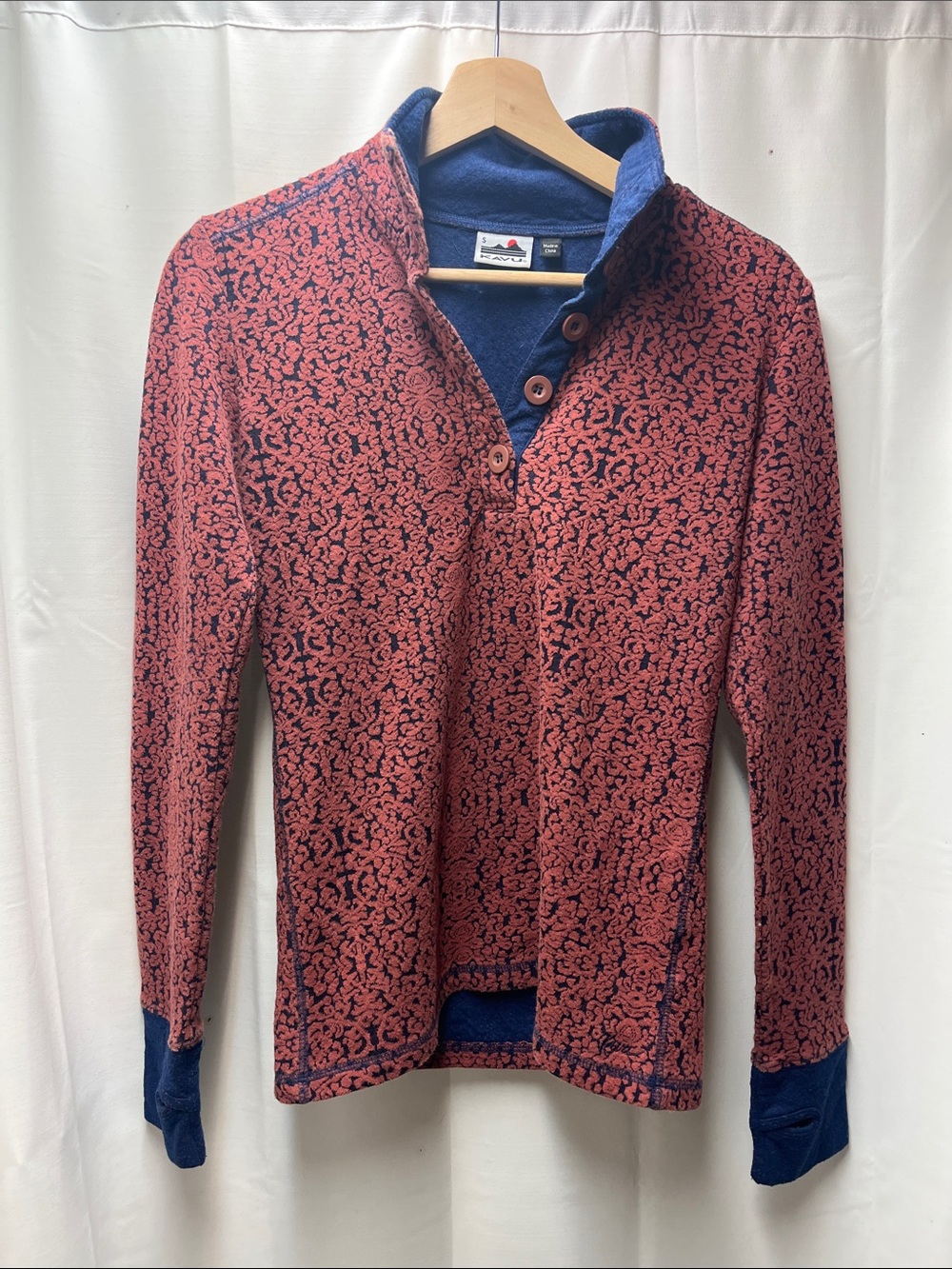 Kavu Pink Blue Terrain Lopez Spandex Button Up Crewneck Sweater Yoga Outdoors- S